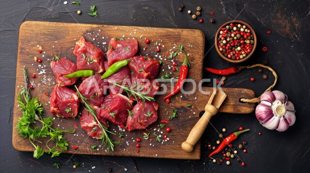 لحوم الضأن الحمراء المتبلة، المنتجات والمواد الغذائية الصحية, قطع من اللحم النيء الطازج مع التوابل والأعشاب على لوح خشبي، مكونات الطعام الرئيسية الجاهزة للطهي