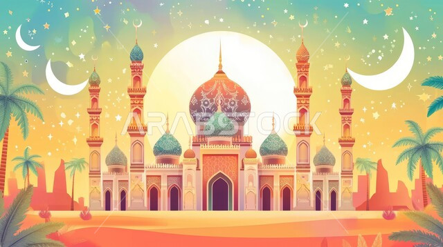 الفن الهندسي المعماري لجامع إسلامي، العبادة والتقرب إلى الله، رسم لمجسم مسجد ثلاثي الابعاد، تصاميم ومجسمات وخلفيات اسلامية ثري دي، الأجواء الروحانية الدينية