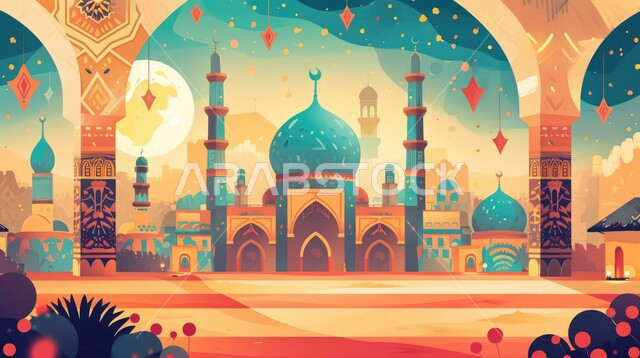  العبادة والتقرب إلى الله، رسم لمجسم مسجد ثلاثي الابعاد، تصاميم ومجسمات وخلفيات اسلامية ثري دي، الفن الهندسي المعماري لجامع إسلامي عريق، الأجواء الروحانية الدينية