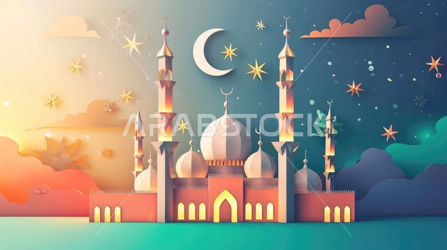  العبادة والتقرب إلى الله، رسم لمجسم مسجد ثلاثي الابعاد، تصاميم ومجسمات وخلفيات اسلامية ثري دي، الفن الهندسي المعماري لجامع إسلامي عريق، الأجواء الروحانية الدينية