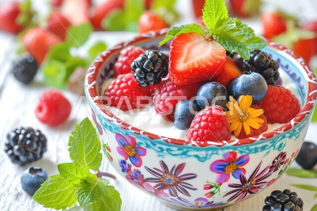 طبق من الزبادي المزين بالفراولة و التوت البري الاحمر والاسود داخل طق زجاجي مزخرف،  وجبة طعام خفيفة وصحية، حلويات باردة لذيذة، سكريات و أطعمه ذات سعرات حراريه عاليه