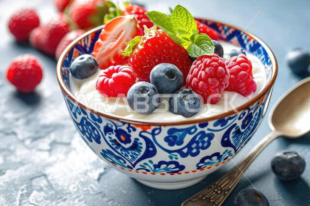 طبق من الزبادي المزين بالفراولة و التوت البري الاحمر والاسود داخل طق زجاجي مزخرف،  وجبة طعام خفيفة وصحية، حلويات باردة لذيذة، سكريات و أطعمه ذات سعرات حراريه عاليه