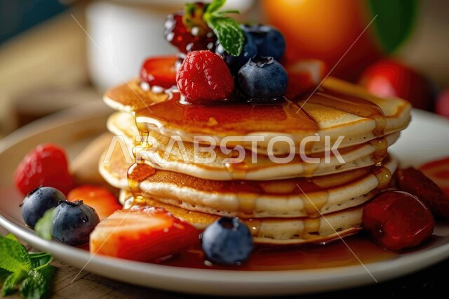 حلى البان كيك المزينة بالتوت البري والعسل والفراولة، سكريات و أطعمه ذات سعرات حراريه عاليه، وجبة فطور خفيفة، قطعة حلا قهوة شهية، حلويات باردة لذيذة، سناك صحي لذيذ بين الوجبات