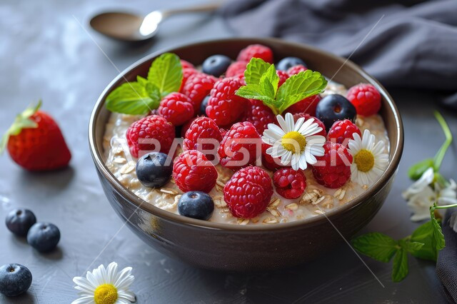  وجبات صحية ذات قيمة غذائية عالية ،وعاء من دقيق الشوفان المزين بالتوت البري الاحمر والأسود ,الفطور اللذيذ في مطاعم السعودية الشهيه، مأكولات مغذية ومفيدة