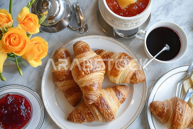 مأكولات و وجبات افطار صحية ومغذية، صورة من الاعلى لطبق مليء بقطع الكروسان الطازج على طبق ابيض، معجنات وعربية لذيذة و شهيه من مخابز السعودية ،وصفات و أطباق طعام ، منتج محلي وطني