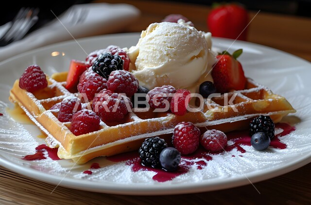 طبق من حلا الوافل المزين بقطع الفراولة والتوت البري مع آيس كريم الفانيليا، قطع الحلوى الشهية، حلويات باردة لذيذة، أطباق عالية السعريات الحرارية 