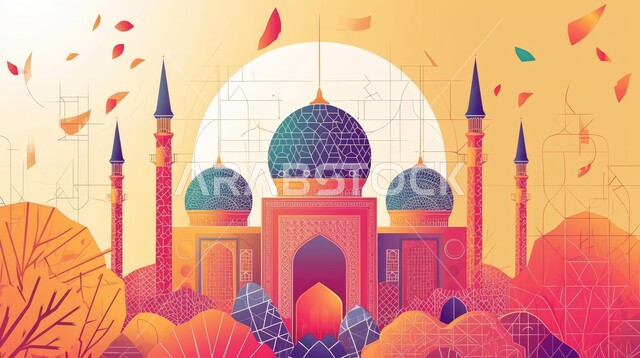 مجسمات ثلاثية الابعاد للمساجد والقبب، العبادة والتقرب إلى الله، خلفية زخارف اسلاميه ثري دي،  رسومات لتصاميم الفن الهندسي المعماري لجامع إسلامي، الأجواء الروحانية الدينية