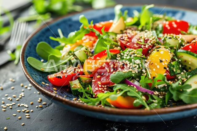 A close-up image of a vegetable salad decorated with sesame. A healthy and delicious cold appetizer dish, pieces of fresh vegetables, healthy meals for diet, useful food restaurants, delicious fast food meals.