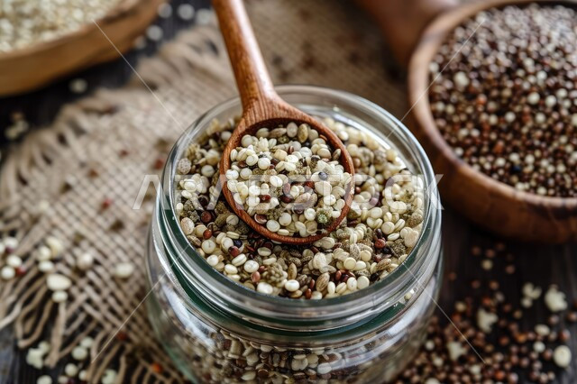 مصدر غذائي مهم للجسم، صورة علوية عامودية مقربة لوعاء زجاجي من بذر القنب و الكينوا المفيدة للجسم، بذور غنية بالعناصر الغذائية، منتج وطني محلي، محاصيل عربية سعودية محلية