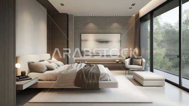 The concept of elegance and comfort with luxurious furnishings, interior design for a comfortable bedroom with large windows, a spacious and comfortable bed, elegant home furniture for homes and palaces in the Kingdom of Saudi Arabia