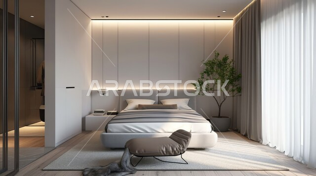 سرير واسع و مريح، مفهوم الأنقة والراحة مع المفروشات الفاخرة، تصميم داخلي لغرفة نوم مريحة ، أثاث منزلي أنيق لبيوت وقصور في المملكة العربية السعودية، استخدام النبات الداخلي للزينة