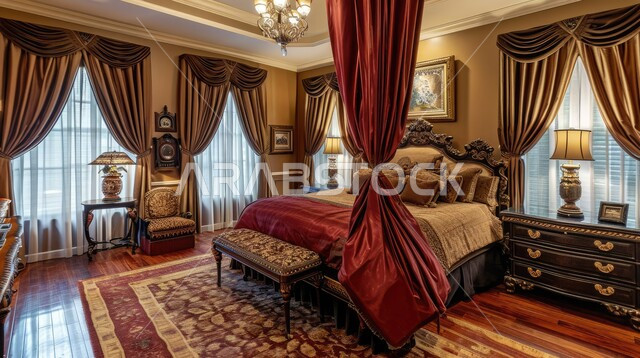 تحف و ديكورات فاخرة، سرير واسع و مريح، أثاث منزلي أنيق لبيوت وقصور في المملكة العربية السعودية، تصميم داخلي لغرفة نوم مريحة مع نوافذ كبيرة، استخدام الألوان المتناسقة