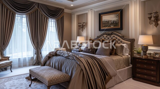 سرير واسع و مريح، أثاث منزلي أنيق باللون البني لبيوت وقصور فاخرة في المملكة العربية السعودية، تصميم داخلي لغرفة نوم مريحة مع نوافذ كبيرة، استخدام الألوان المتناسقة