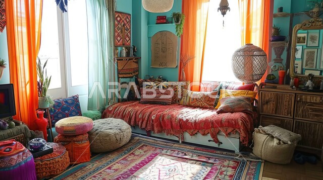 تحف و ديكورات مميزة مع النبات المنزلي للزينة، غرفة جلوس ذات تصميم بوهيمي حر و فريد مع نوافذ كبيرة، لمسات جريئة وحيوية مفعمة بالألوان، ديكور داخلي وأثاث منزلي لغرفة في منزل عربي سعودي