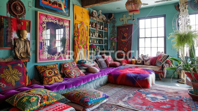 استخدام النبات المنزلي للزينة، غرفة جلوس ذات تصميم بوهيمي حر و فريد مع نوافذ كبيرة، لمسات جريئة وحيوية مفعمة بالألوان، ديكور داخلي مميز لغرفة في منزل عربي سعودي