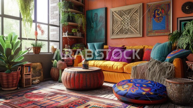 غرفة جلوس ذات تصميم بوهيمي حر و فريد مع نوافذ كبيرة، لمسات جريئة وحيوية مفعمة بالألوان، استخدام النبات المنزلي للزينة، ديكور داخلي مميز لغرفة في منزل عربي سعودي