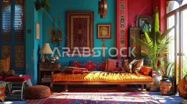 لمسات جريئة وحيوية مفعمة بالألوان، غرفة جلوس ذات تصميم بوهيمي حر و فريد مع نوافذ كبيرة، استخدام النبات المنزلي للزينة، ديكور داخلي مميز لغرفة في منزل عربي سعودي