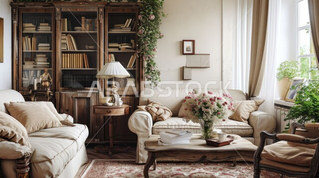 مكتبة خشبية قديمة، تصميم داخلي بأسلوب الشابي شيك لغرفة جلوس في منزل عربي سعودي، إكسسوارات وديكورات مستوحاة من الطراز القديم مع نبات الزينة المنزلي، أثاث منزلي عتيق بلمسة ريفية أنيقة