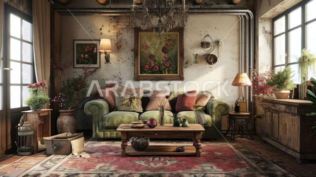 إكسسوارات وديكورات مستوحاة من الطراز القديم مع نبات الزينة المنزلي، تصميم داخلي بأسلوب الشابي شيك لغرفة جلوس في منزل عربي سعودي، أثاث منزلي عتيق بلمسة ريفية أنيقة