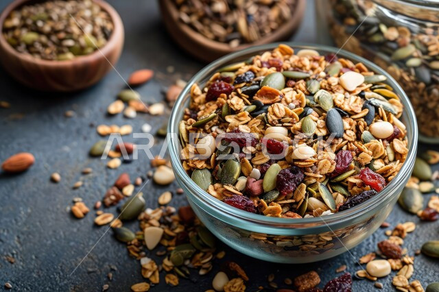  صورة من الأعلى لطبق من الجرانولا الذيذ و المغذي، وجبات فطور صحية ذات قيمة غذائية عالية، وعاء من دقيق الشوفان والمكسرات مع العنب المجفف ، منتج وطني محلي، محاصيل عربية محلية