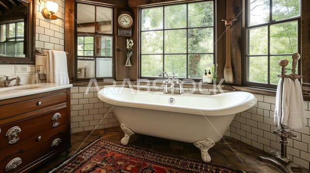 دورة مياه راقية في أحد المباني السكنيه، التصاميم الداخلية والديكورات الخشبية الراقية للحمامات الداخلية وأحواض الاستحمام في الشقق الفاخرة، حمام داخلي معاصر في منزل حديث