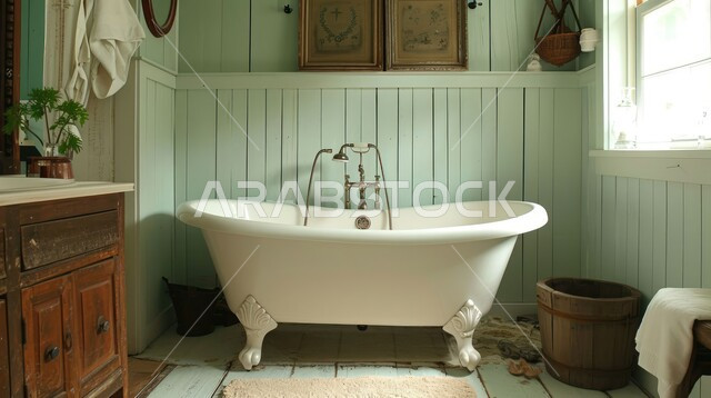 Contemporary indoor bathroom in a modern home, high-end interior designs and wooden decorations for indoor bathrooms and bathtubs in luxury apartments, high-end bathroom in a residential building