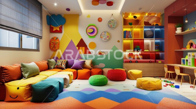 Vibrant and refreshing colors, entertaining decorations and games, interior decor for a playroom in a kindergarten in the Kingdom of Saudi Arabia, comfortable and lovely designs.