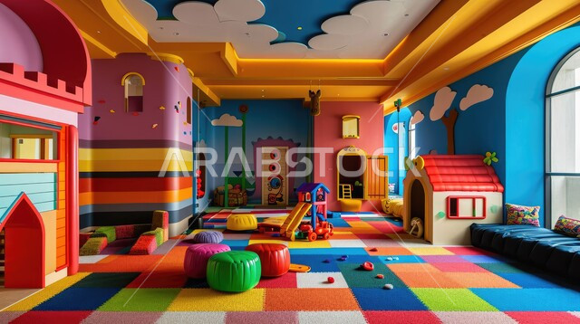 ديكورات وألعاب ترفيهية، ديكور داخلي لغرفة لعب في رياض أطفال بالمملكة العربية السعودية، ألوان حيوية ومنعشة، تصاميم مريحة ومحببة