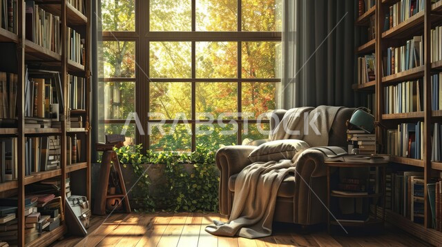 A comfortable sofa in a reading corner near the window, antique office furniture for a Saudi Arab library, distinctive wooden interior decor, green climbing plants, piles of old books