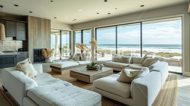 تصاميم داخلية صيفية منعشة لغرفة جلوس، فنادق و منتجعات فاخرة، أثاث منزلي أنيق لغرفة شاليه عربي سعودي مطلة على البحر، ديكور مستوحى من الشاطئ