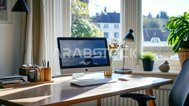 صورة مقربة لطاولة خشبية أنيقة، أثاث مكتبي كلاسيكي  بسيط و مريح، مكتب عمل بديكور داخلي عصري و حديث مع نوافذ كبيرة، الاهتمام بنبات الزينة