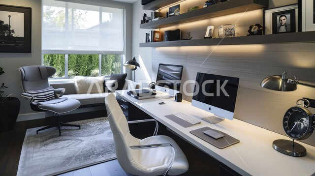 أثاث مكتبي كلاسيكي  بسيط و مريح لشخصين، صورة مقربة لطاولة خشبية أنيقة، مكتب عمل بديكور داخلي عصري و حديث مع نوافذ كبيرة، الاهتمام بنبات الزينة