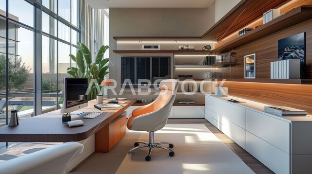 A work desk with a contemporary and modern interior decor with large windows, simple and comfortable classic office furniture for two people, an elegant wooden table, taking care of ornamental plants
