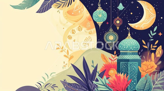 Greeting cards on the occasion of holidays and religious occasions, Ramadan and Islamic spiritual background, lanterns and traditional Islamic antiques to celebrate the coming of the month of goodness, a luminous decorative metal Arabic lantern