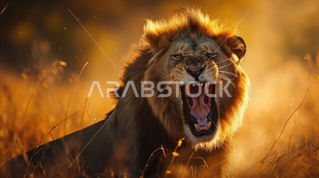 محميات طبيعية لتربية الحيوانات الشرسة والمفترسة، صورة مقربة لحيوان الأسد يفتح فمه بإيماءات القوة في الغابات الطبيعة وقت غروب الشمس، مفهوم الحياة البرية، حدائق الحيوانات في المملكة العربية السعودية