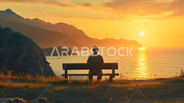 الاسترخاء والاستجمام والاستمتاع بالهدوء, صورة من الخلف لشاب عربي خليجي سعودي يجلس على مقعد خشبي أمام البحر يتأمل المناظر الطبيعية وقت غروب الشمس, القمم والمرتفعات الجبلية، أماكن سياحية في المملكة العربية السعودية