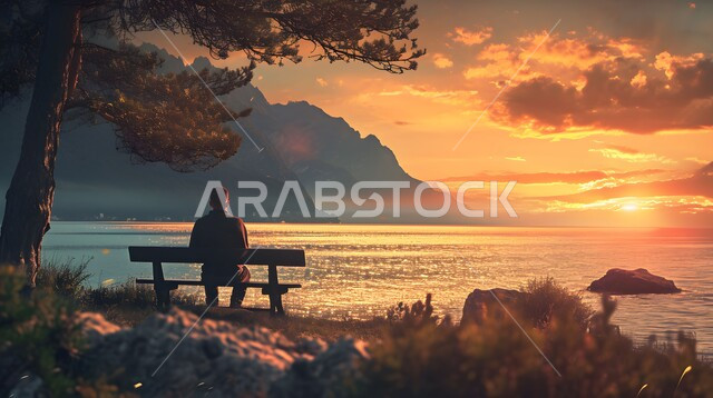 القمم والمرتفعات الجبلية، الاسترخاء والاستجمام والاستمتاع بالهدوء, صورة من الخلف لشاب عربي خليجي سعودي يجلس على مقعد خشبي أمام البحر يتأمل المناظر الطبيعية وقت غروب الشمس, أماكن سياحية في المملكة العربية السعودية