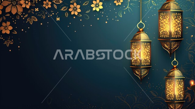 بطاقات تهنئة بمناسبة الأعياد والمناسبات الدينية، خلفية رمضانية وروحانية إسلامية، فوانيس وتحف اسلامية تقليدية للاحتفال بقدوم شهر الخير، فانوس عربي معدني مزخرف مضيء