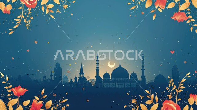 بطاقات تهنئة بمناسبة الأعياد والمناسبات الدينية، خلفية رمضانية وروحانية، مجسمات ثلاثية الابعاد للمساجد والقبب، العبادة والتقرب إلى الله، زخارف اسلاميه ثري دي، رسومات لتصاميم الفن الهندسي المعماري لجامع إسلامي