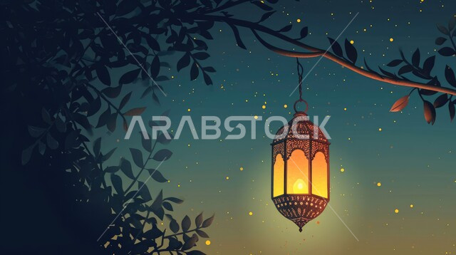بطاقات تهنئة بمناسبة الأعياد والمناسبات الدينية، خلفية رمضانية وروحانية إسلامية، فوانيس وتحف اسلامية تقليدية للاحتفال بقدوم شهر الخير، فانوس عربي معدني مزخرف مضيء