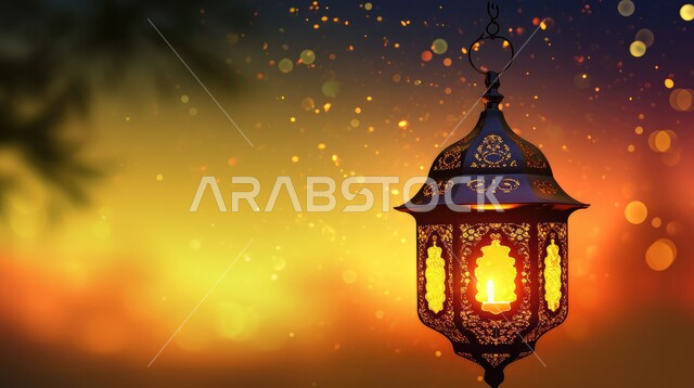 خلفية رمضانية وروحانية إسلامية، بطاقات تهنئة بمناسبة الأعياد والمناسبات الدينية، فوانيس وتحف اسلامية تقليدية للاحتفال بقدوم شهر الخير، فانوس عربي معدني مزخرف مضيء
