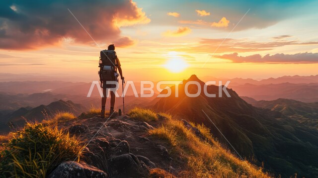 الاستمتاع بالمناظر الطبيعيه، التشكيلات والتكوينات الصخرية ،صورة من الخلف لرجل عربي خليجي سعودي يقف على القمم والمرتفعات الجبلية في المملكة العربية السعودية وقت شروق الشمس، مفهوم حب المغامرات والاستكشاف، خلفية الطبيعه