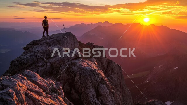 التشكيلات والتكوينات الصخرية ،صورة من الخلف لرجل عربي خليجي سعودي يقف على القمم والمرتفعات الجبلية في المملكة العربية السعودية وقت شروق الشمس، مفهوم حب المغامرات والاستكشاف، الاستمتاع بالمناظر الطبيعيه، خلفية الطبيعه