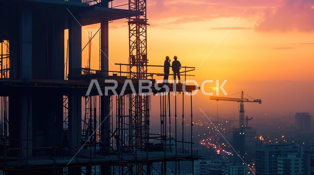 انشاء مشاريع جديدة في المملكة العربيه السعودية، مهندسان عربيان خليجيان سعوديان يقفان في موقع العمل وقت غروب الشمس، مفهوم التطوير العقاري والهندسي، بناء خطط استراتيجية ومقاولات سكنية