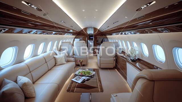 وسائل النقل الجوي والرحلات حول العالم ،تصميم هندسي متطور ومريح, الديكورات والتصاميم الحديثة, صورة من الداخل لصالة الطائرة بالألوان الفاخرة, شركات الطيران السياحية السعودية الخليجية, الأثاث العصري الراقي