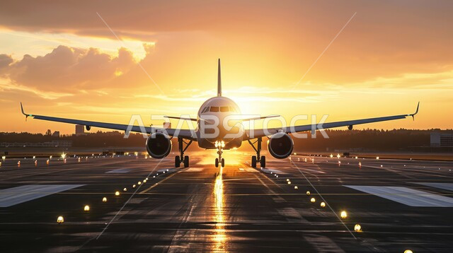 طائرة تقف في مدرج الطائرة داخل المطار في وقت غروب الشمس، خطوط الطيران السعودي، وسائل المواصلات الجوية، مفهوم السياحة والسفر، خطوط النقل الجوي