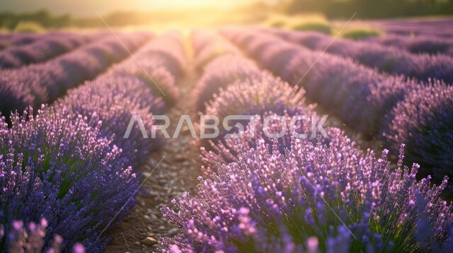الاهتمام في زراعة الازهار و الورود الملونة ،صورة مقربة لحقول أزهار اللافندر العطرية بنفسجية اللون وقت غروب الشمس ،المناظر الطبيعيه في  الاراضي الزراعيه في المملكة العربيه السعودية ،خلفية الطبيعه