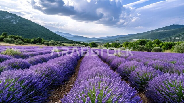 حقول أزهار اللافندر العطرية بنفسجية اللون ،الاهتمام في زراعة الازهار و الورود الملونة ،المناظر الطبيعيه في المملكة العربيه السعودية، الاشجار الخضراء في الاراضي الزراعيه ،منظر السماء المليئة بالغيوم البيضاء، خلفية الطبيعه
