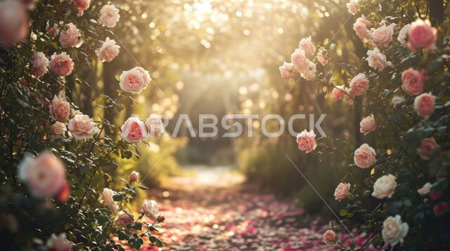 ممشى بين أزهار الورد الجوري الزهرية المتفتحة في الاراضي الزراعيه في المملكة العربيه السعودية، الاهتمام في زراعه الورود العطرية الملونة في فصل الربيع ،خلفية الطبيعه