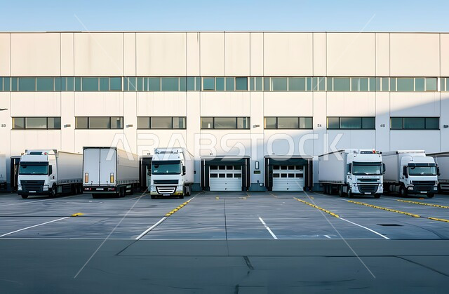 مجموعه من الشاحنات الضخمة تقف في الخارج، مفهوم الخدمات اللوجستية في المملكه العربية السعودية، وسائل النقل والمواصلات التجارية، خدمة نقل البضائع